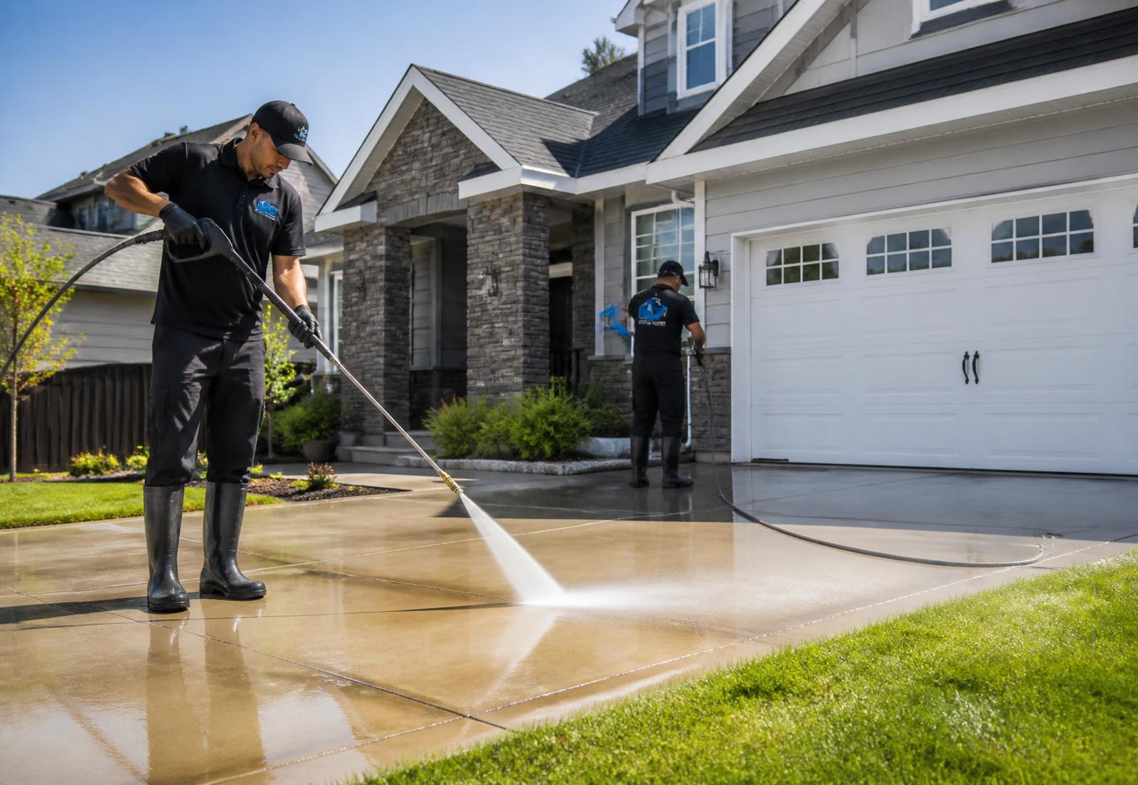 Tague Bros crew power washing a suburban home driveway